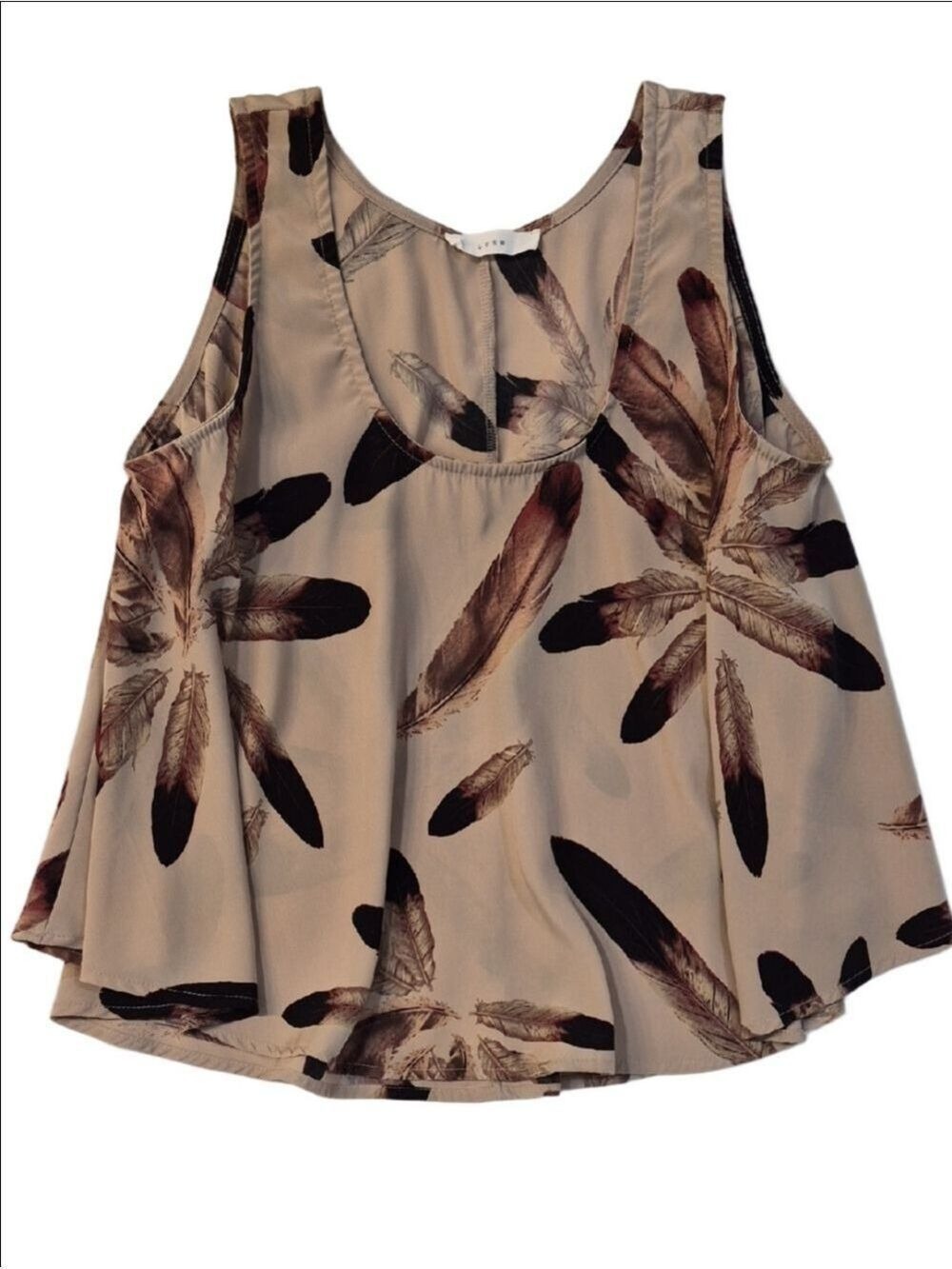 Lush Beige Feather Print Flowy Tank